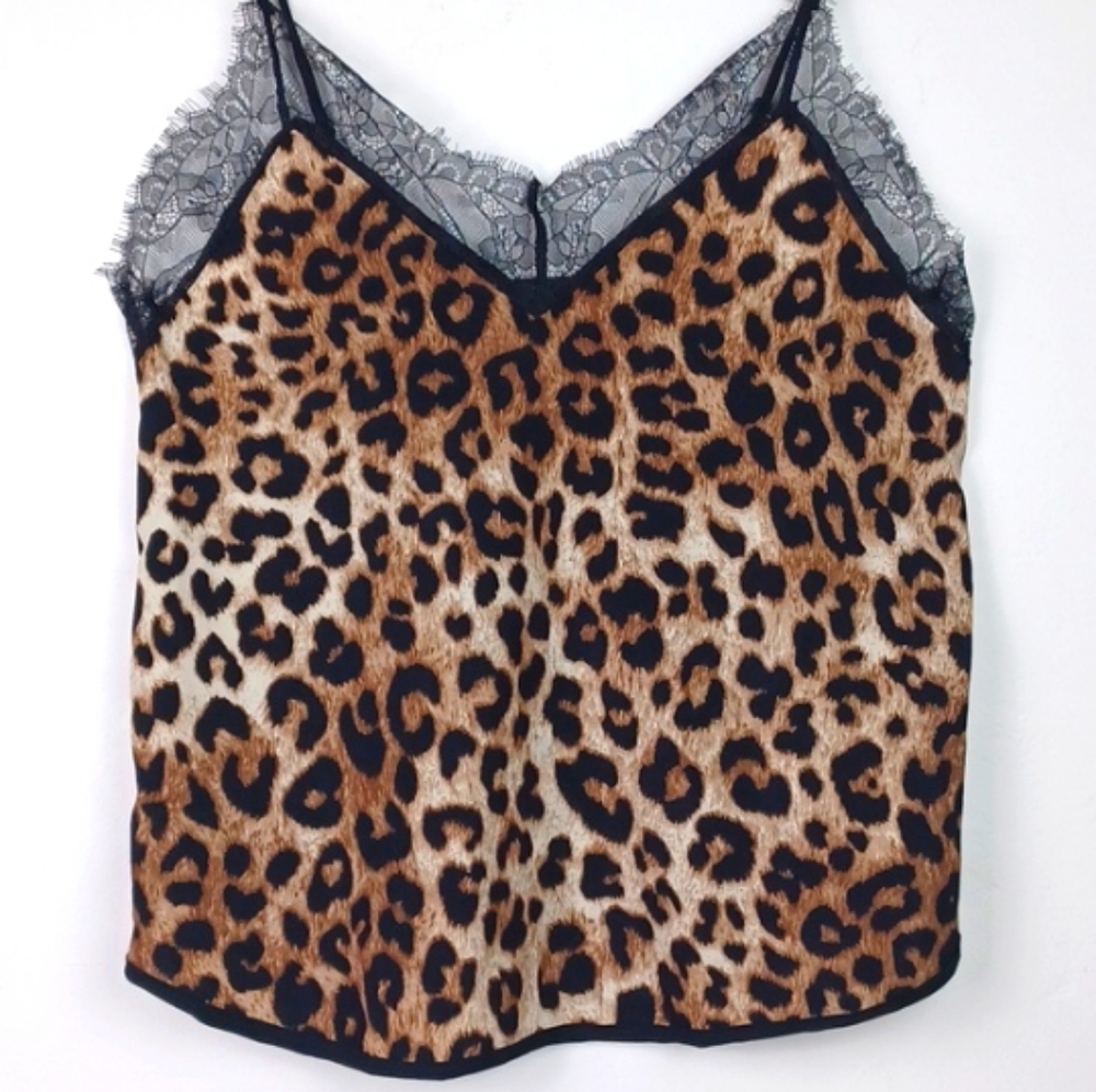 Leopard Print Rich Textured Graphic Black Lace Camisole SZ S